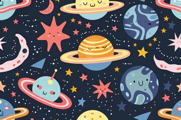 Vibrant cartoon space scene with colorful planets and stars.