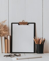 Minimalistic A4 paper on a clipboard, surrounded by books, glasses, and pencils on a desk.