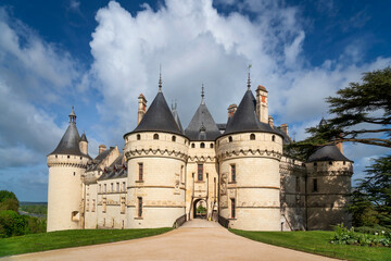 Fototapeta premium View of the Chateau Chaumont-sur-Loire, a medieval castle on the banks of the Loire, between the towns of Amboise and Blois on a sunny summer day, Loir-et-Cher, France