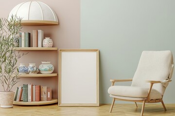 Calming room with a domed shelf displaying jars and books, olive plant, and empty frame.