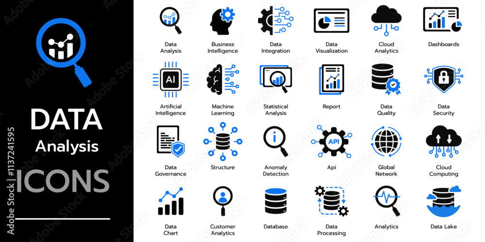 Wall mural data analytics icon set. data cloud analysis technology symbol. containing database, statistics, ana