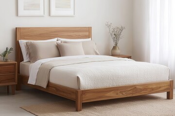 A cozy, modern bedroom featuring a wooden bed frame, neutral bedding, and minimalistic decor for a serene atmosphere.