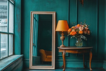 Teal Room Interior with Vintage Mirror, Table Lamp, and Flower Arrangement