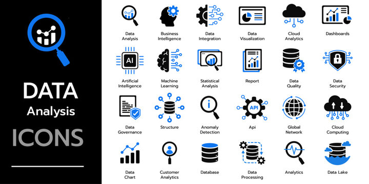 Data analytics icon set.  data cloud analysis technology symbol. Containing database, statistics, analytics icons. Solid vector icons collection.