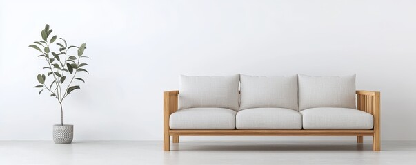 A minimalistic living room featuring a wooden sofa with soft cushions and a potted plant against a clean, white wall.