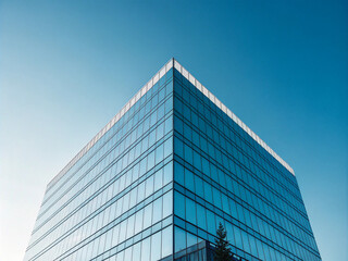 Obraz premium Panoramic view of glass skyscrapers reflecting beautifully against the blue sky. Futuristic city during daytime. Business concept of successful industrial architecture.