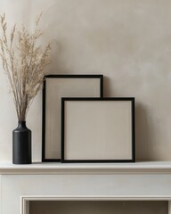 Two large black frames on a stylish white mantel against a light beige wall, perfect for a clean mockup look.