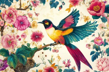 Vibrant Bird Amongst Blooming Flowers