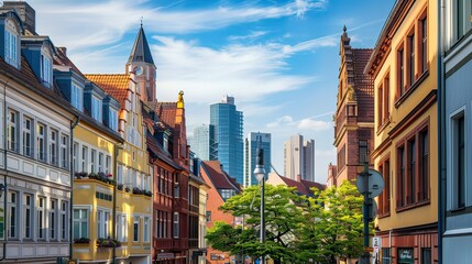 Fototapeta premium A cityscape featuring a blend of modern and historic buildings.