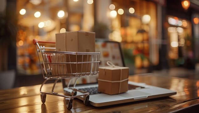 Online Shopping Cart with Laptop and Packages