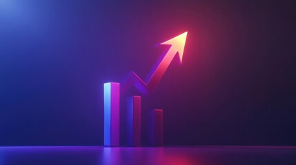Neon arrow ascends above glowing bars. Illustrates growth, progress, and success; ideal for business concepts.