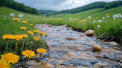 Small stream with yellow dandelions


