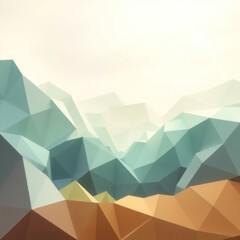 A stylized geometric landscape with layered mountains and a soft color palette.