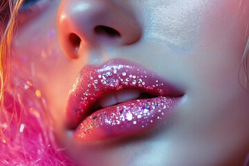 Glamorous and fashionable beauty look with bright pink lips adorned in glitter