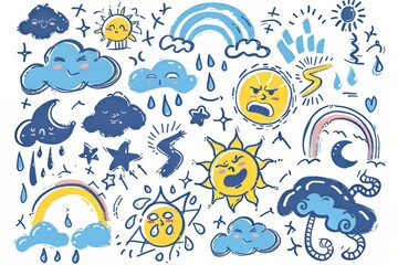 Obraz premium Colorful weather-themed doodles including clouds, sun, rainbows, and stars.