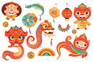 Colorful traditional Chinese New Year decorations featuring playful characters.