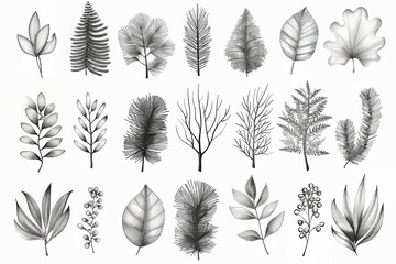Naklejka premium A collection of elegant black and white botanical illustrations of various leaves and trees.