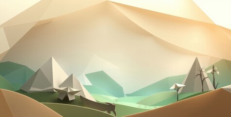 A stylized landscape featuring geometric mountains, trees, and a serene atmosphere.
