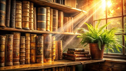Sunlight Streaks Across a Shelf of Aged Leather-Bound Books, a Lush Green Fern Plant Basking in the Golden Glow