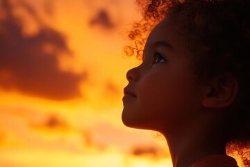 Silhouetted child gazing at sunset, curly hair. Perfect for themes of hope, dreams, and childhood wonder.