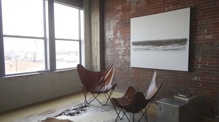 Urban loft with blank canvas art and leather butterfly chairs cozy space modern design inviting atmosphere for mockup