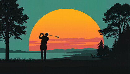 Silhouetted golfer swinging club against sunset over lake and mountains
