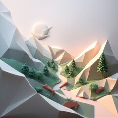 A stylized landscape featuring mountains, trees, and a river, illuminated by a soft sun.