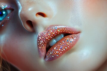 Sparkling crystals adorn lips, showcasing a unique and glamorous makeup style
