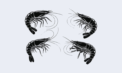 Elegant black and white shrimp vector set for creative design projects, easily editable.