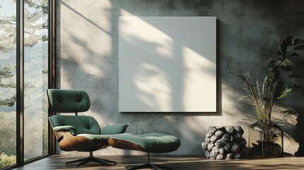 Contemporary art gallery blank canvas mint green chair mockup modern interior calm environment