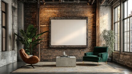Industrial loft with blank canvas for mockup art urban setting interior design cozy ambiance contemporary viewpoint