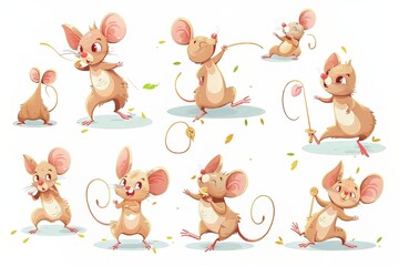 Naklejka premium Playful animated mice engaging in various fun activities on a bright background.