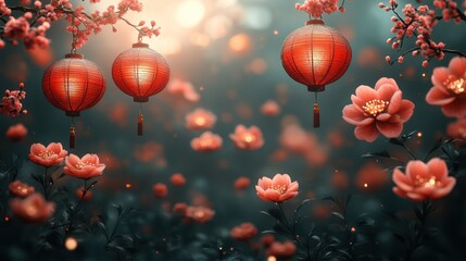 Illuminated red lanterns hanging amidst blooming pink flowers and soft bokeh lights, creating a serene and magical atmosphere.
