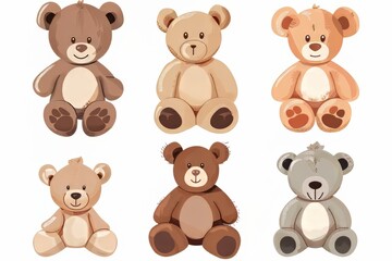 Six adorable teddy bears in varying colors and styles, showcasing their charm.