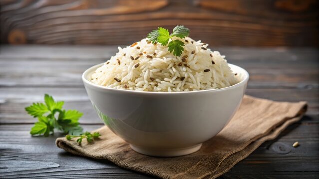 Jeera rice served in a white bowl , cumin rice, Indian cuisine, food photography, aromatic, savory, side dish, meal