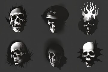 A collection of artistic skull illustrations with various themes and styles.