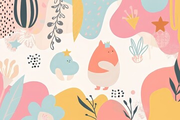 Two adorable cartoon animals in a whimsical pastel landscape.