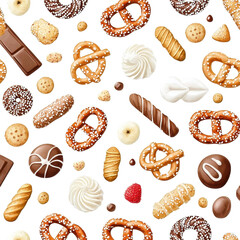 Watercolor seamless pattern of chocolate pretzels on a white background, artistic and detailed. PNG