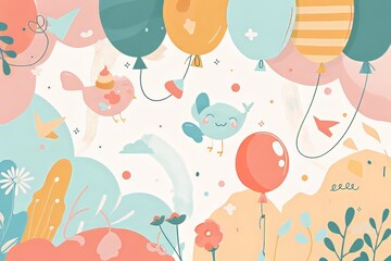 Playful illustration of colorful birds and balloons in a whimsical setting.