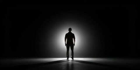 Fototapeta premium Silhouette of a person standing against a black background, silhouette, black, person, standing, shadow, outline