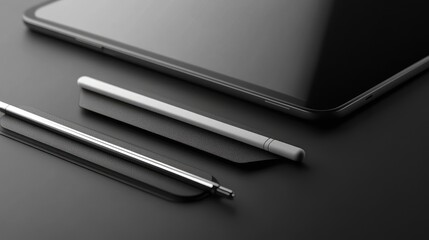 Detailed view of a digital tablet stylus resting on its holder beside a sleek tablet
