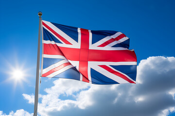 Iconic British Union Jack Flag Fluttering Against Clear Blue Sky - A Symbol of Patriotism and National Identity