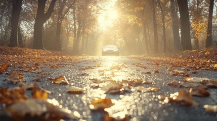 Autumn Drive Through Golden Forest