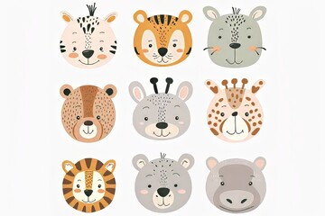 Obraz premium Cute animal faces illustration featuring lions, bears, and giraffes in warm tones.