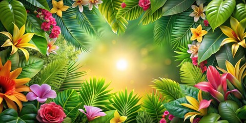 Sunlight through a lush canopy of tropical leaves, showcasing a vibrant tapestry of blooming blossoms in shades of pink, yellow, and red.