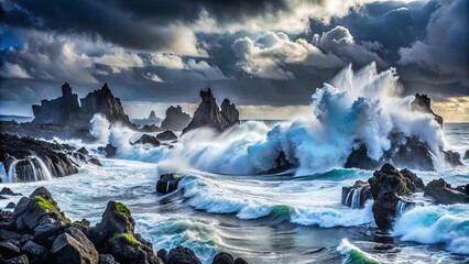 A tumultuous seascape with waves crashing against rugged rock formations beneath a dramatic sky
