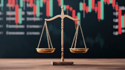 financial success stability performance concept. A balanced scale in front of a colorful stock market chart symbolizes justice and financial stability.