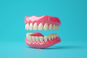 Obraz premium Dentures floating on a light blue background, showcasing healthy gums and teeth, perfect for dental and healthcare marketing
