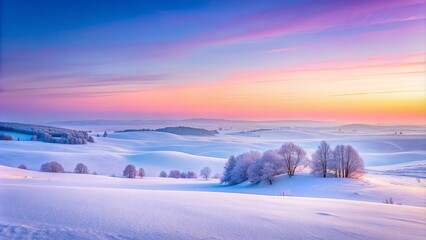 A serene winter landscape, with frost-covered trees silhouetted against a vibrant sunrise, revealing a tapestry of snow-covered hills and a misty horizon.