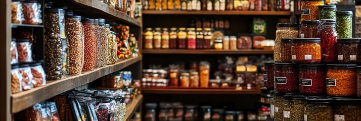 Fototapeta premium Aesthetic View of a Cultural Grocery Store Offering Unique World Flavors with Colorful Jars and Shelves Filled with Gourmet Ingredients